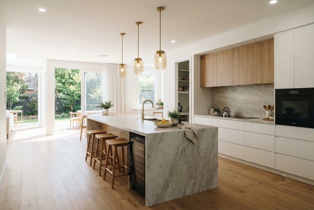 Modern kitchen with engineered stone benchtop and island
